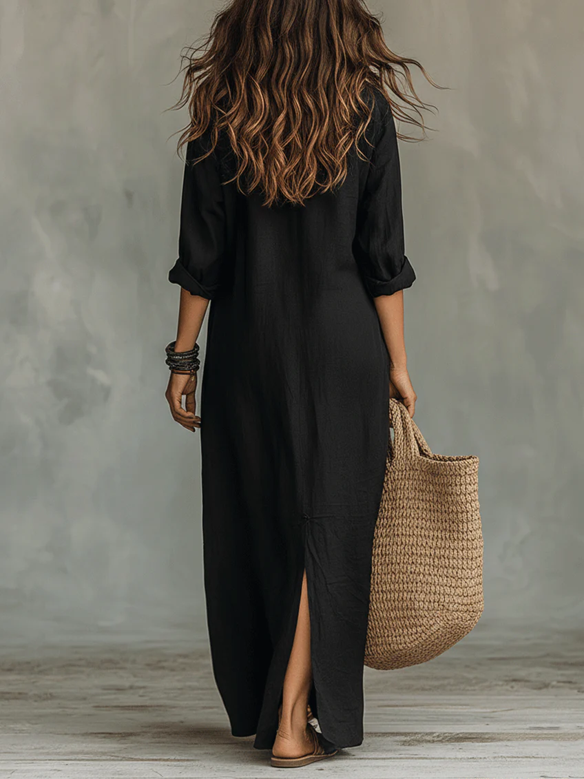 Soline | Robe Longue Noire BoutonnÃ©e
