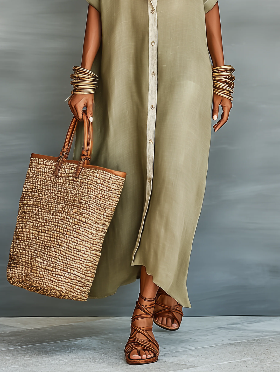 Manelle | Robe Longue Vert Olive Minimaliste