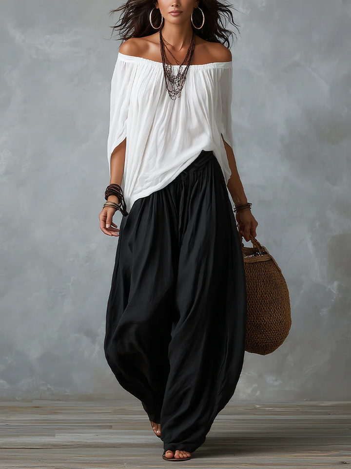 Ensemble blanc avec haut Ã©paules dÃ©nudÃ©es et pantalon style lanterne