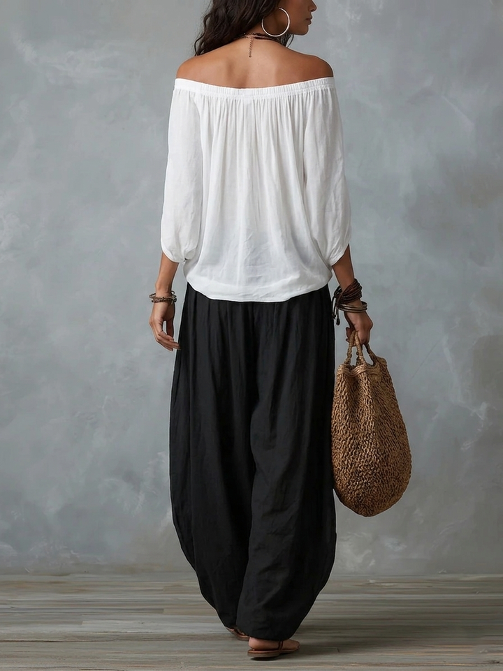 Ensemble blanc avec haut Ã©paules dÃ©nudÃ©es et pantalon style lanterne