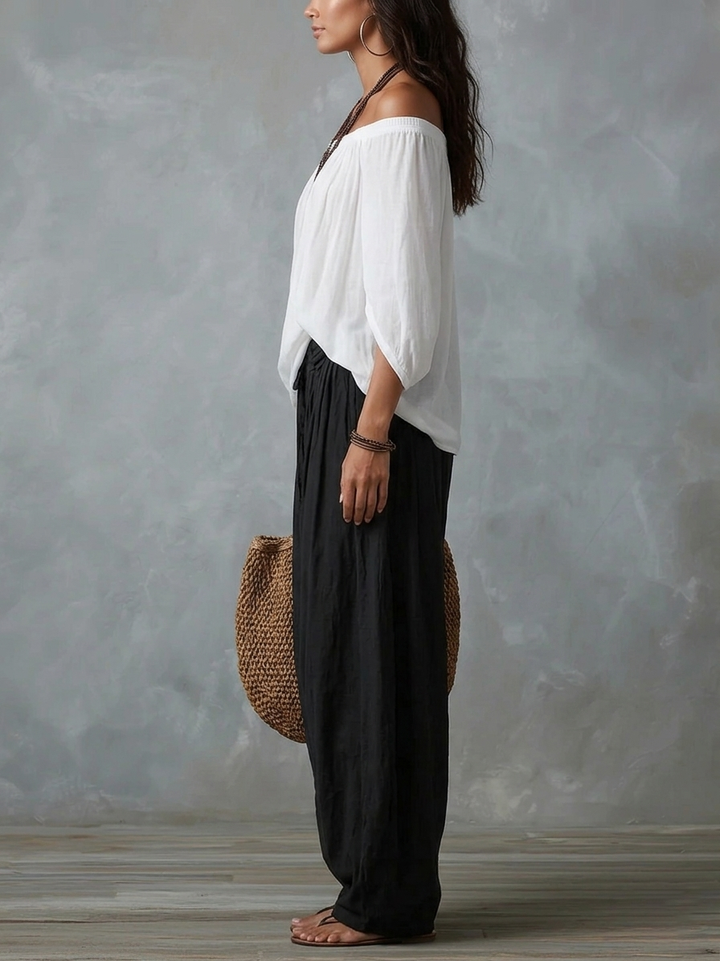 Ensemble blanc avec haut Ã©paules dÃ©nudÃ©es et pantalon style lanterne